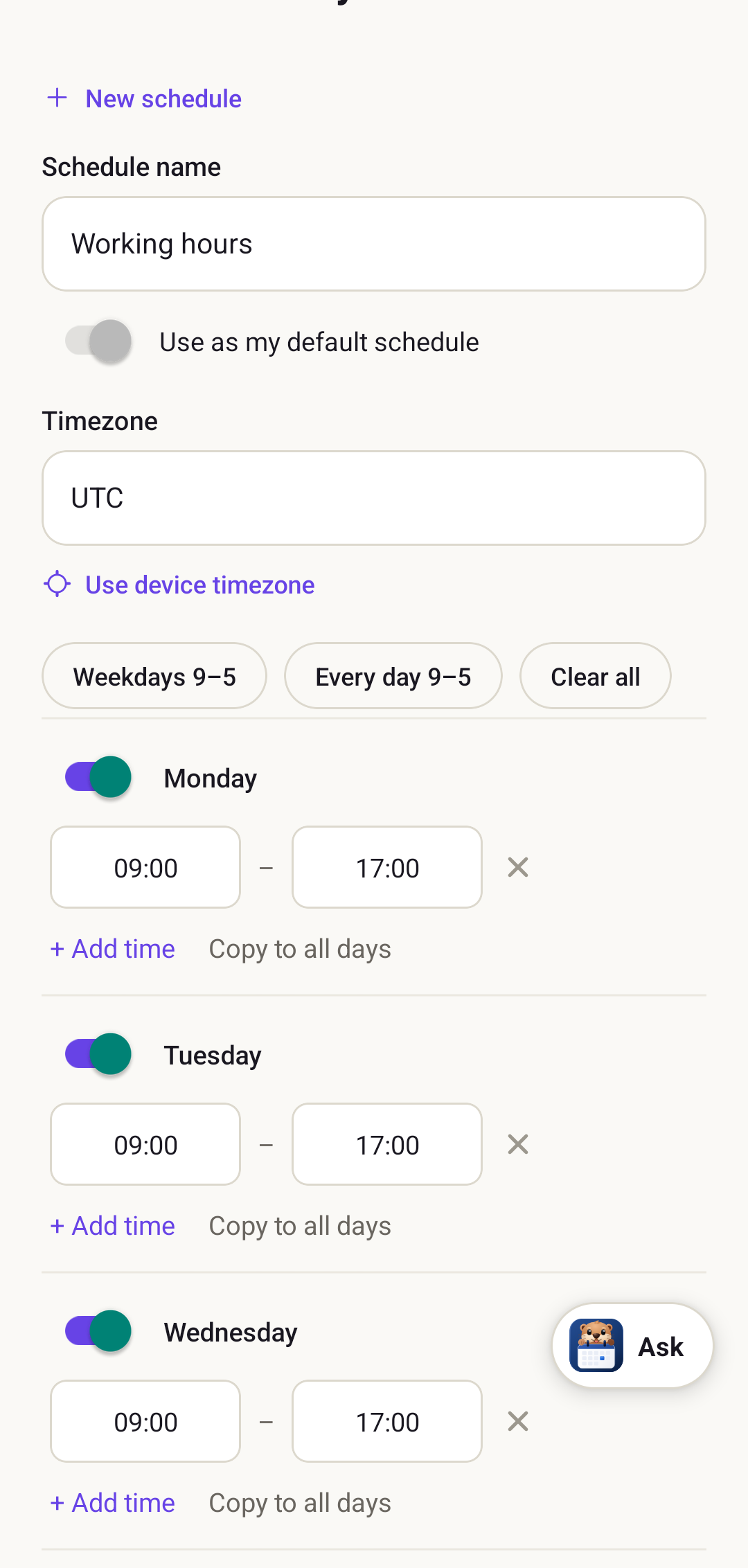 The Availability editor in the DayOtter app with a Working hours schedule, a timezone field, and per-day time ranges